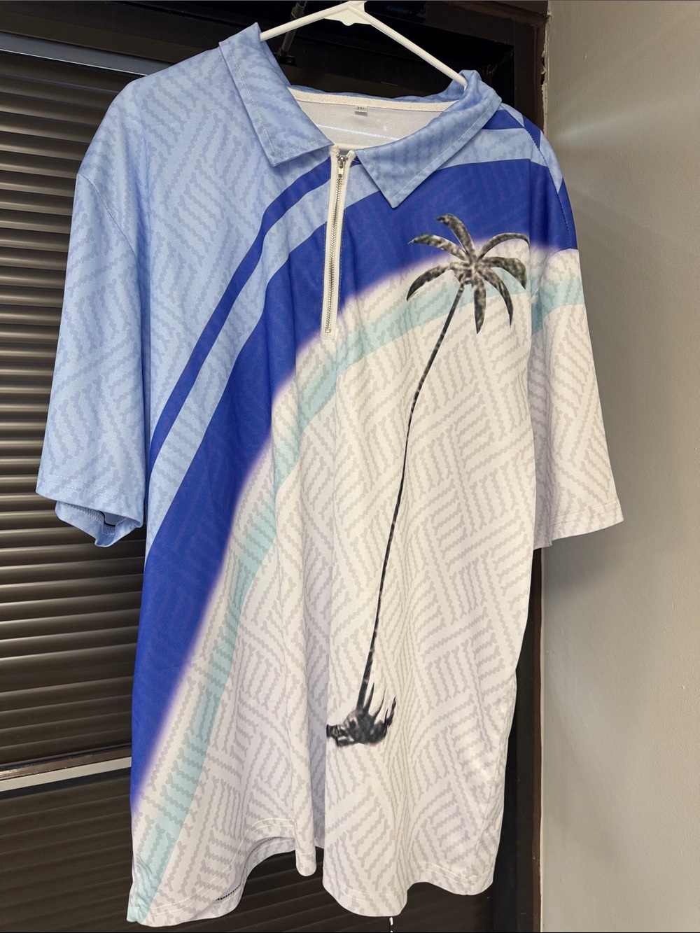 Amazon Men's Blue & White Palm Tree Zip Polo